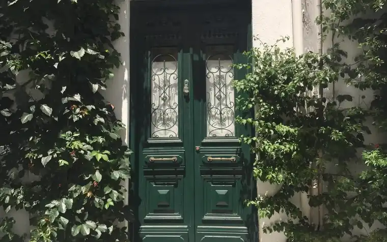 Un portone verde con vetri decorati, tra le piante rampicanti