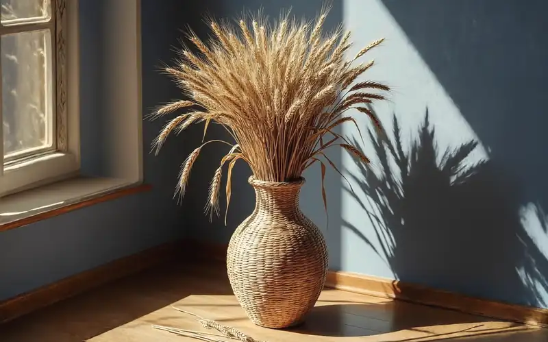 Un mazzo di spighe di grano in un vaso intrecciato, illuminato dal sole